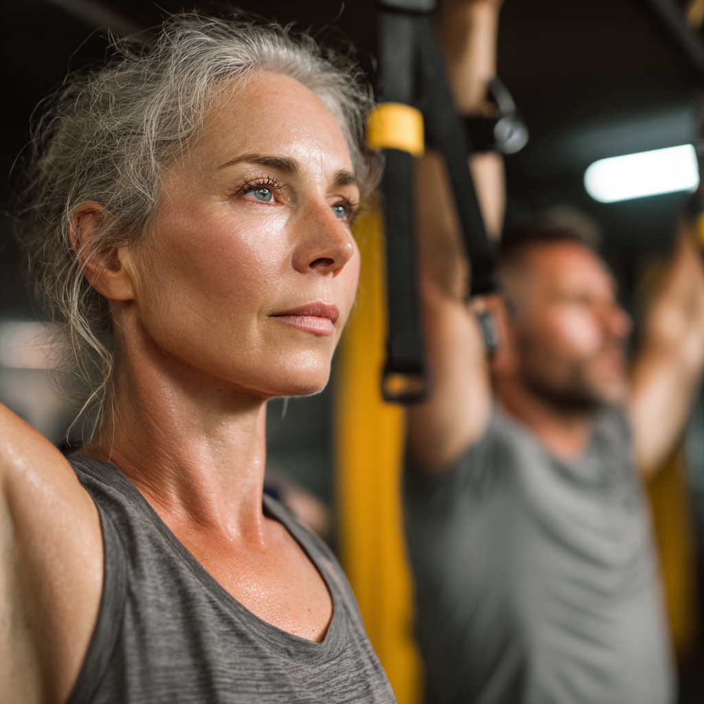 Жінка віком 52 років тренується з персональним тренером, виконуючи вправи з власною вагою тіла