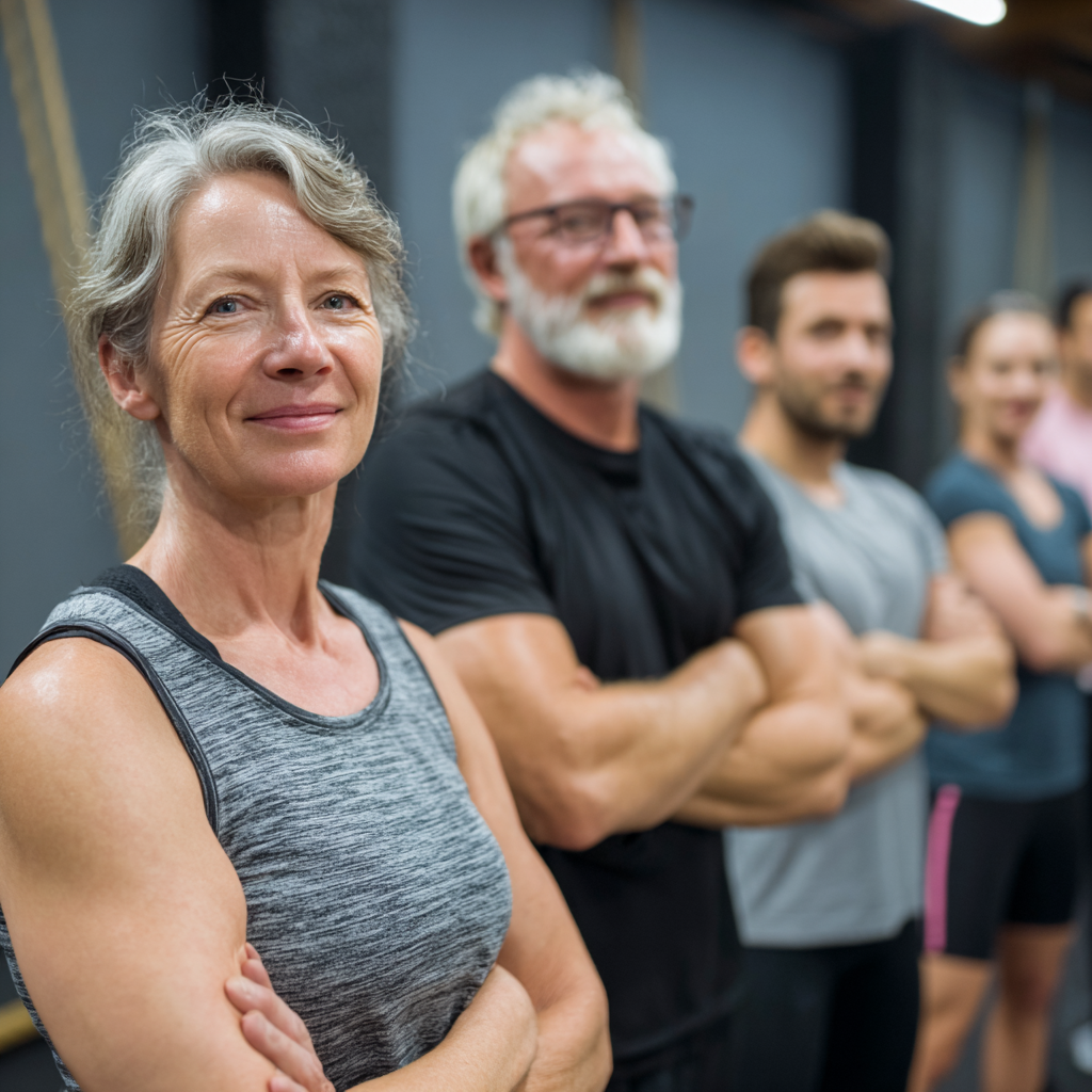 Група активних людей віком 50-60 років після інтенсивного групового тренування у фітнес-залі, усміхнені та енергійні