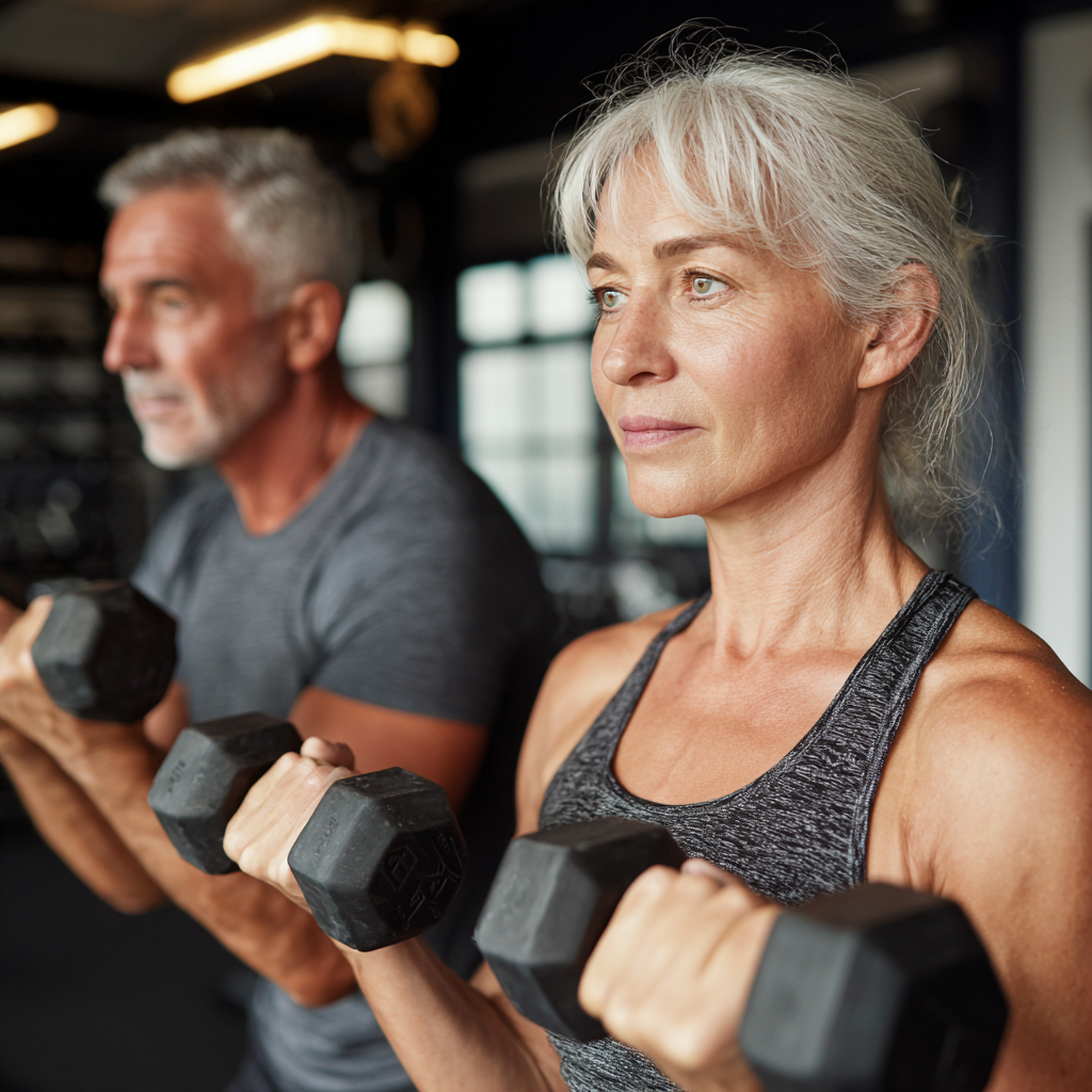 Чоловік та жінка віком 55-60 років виконують силові вправи з гантелями у сучасному фітнес-залі