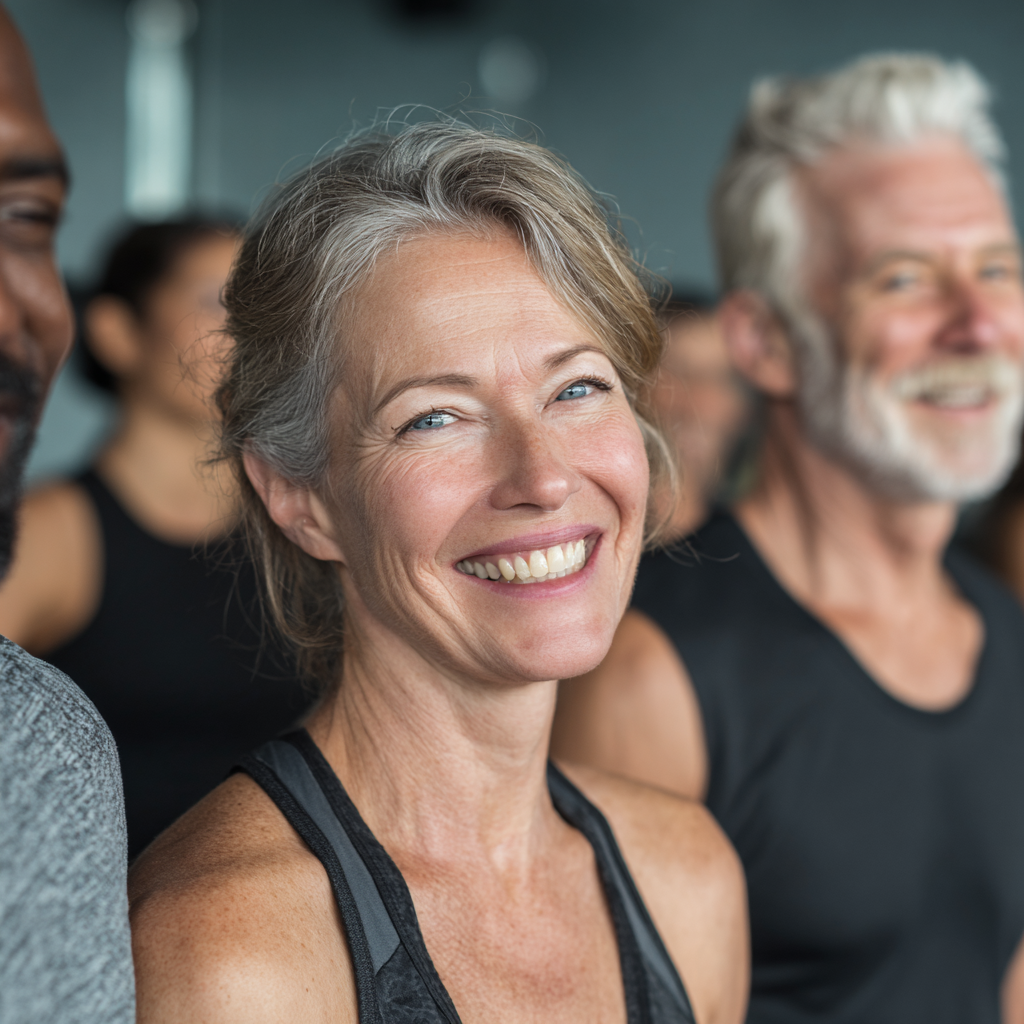 Група людей віком 50-60 років бере участь у груповому функціональному тренуванні з тренером